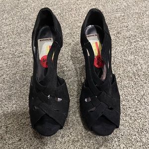 Black vegan suede braided heels